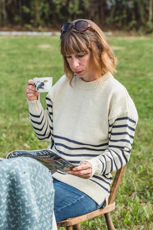 The Greylake - Breton Striped Knitted Jumper - Cream with Navy Stripes