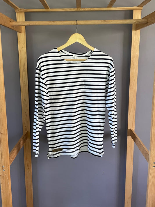 The Langport - Long Sleeved Breton Style Top - White with Navy Stripes